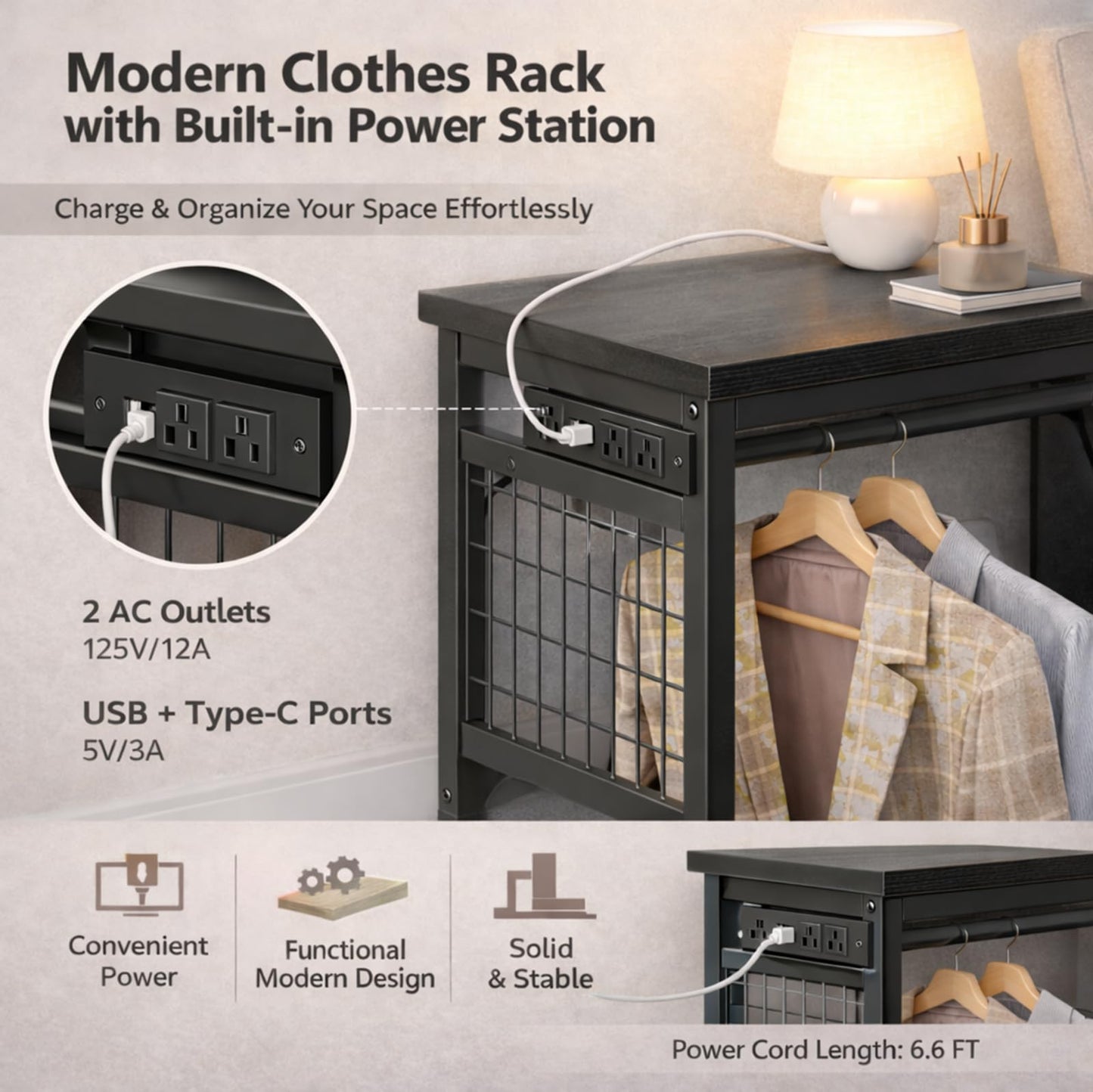 Simple Deluxe Storage Clothes Rack with 6 Drawers, Charging Station & LED Lights, Fabric Chest Shelves Clothing Rack, Wooden Portable Wardrobe Closet, 49.2" W x 15.7" D x 47.2" H, Gary