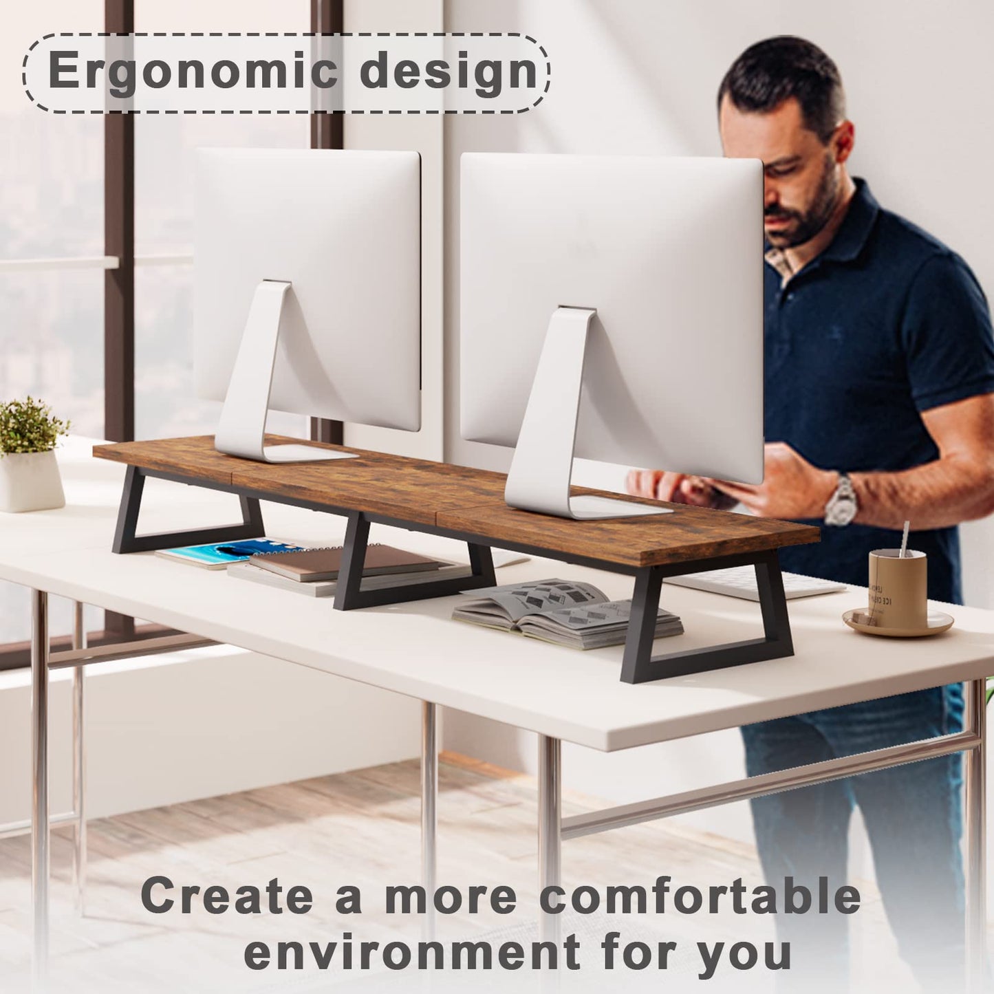 TEAMIX 42 inch + 14.2 inch Dual Monitor Riser for Desk Small Monitor Stand TV/Screen/PC/Laptop Riser Computer Stand Desktop Shelf.