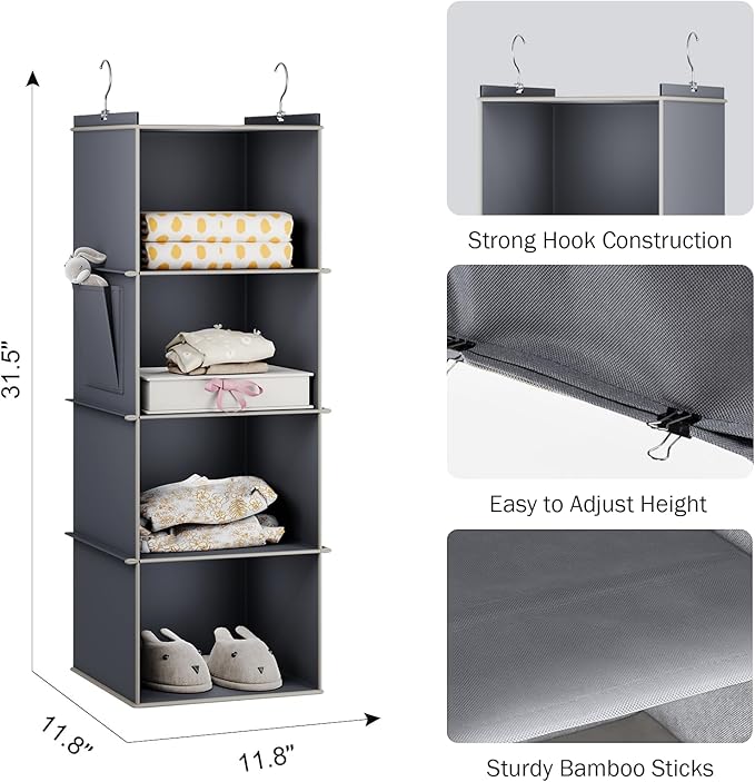 YOUDENOVA Hanging Closet Organizer, 4-Shelf Closet Hanging Storage Shelves