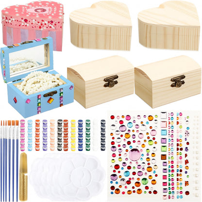Kigley 6 Pack Paint Your Own Wooden Jewelry Box DIY Crafts Kits Heart Treasure Box Kit Unfinished Arts and Craft for Ages 3-12 Year Old Girls Boys Birthday Gifts Valentines Mother's Day Favors
