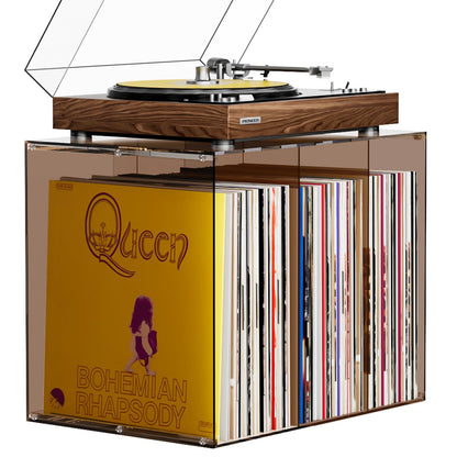 Bikoney Vinyl Record Storage,Stackable Cube Acrylic Vinyl Record Holder,Tabletop Record Player Stand,Vinyl Holder & Album Storage Box Crate Bin, Warm Amber