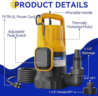 Acquaer 1HP Sump Pump Submersible 4345GPH Water Pump with Automatic Float Switch for Water Removal in Hot Tubs, Pools, Basements, and Garden Ponds