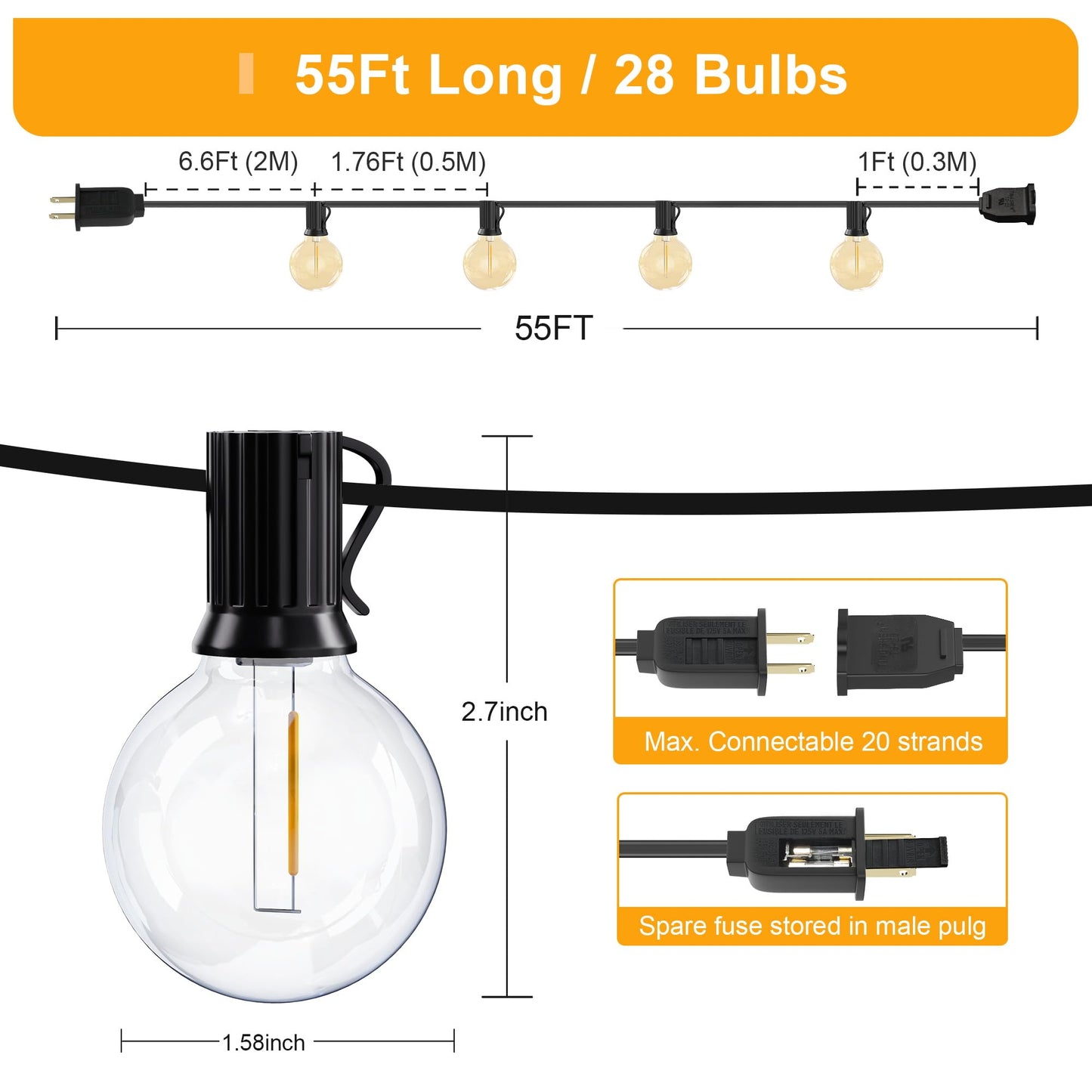 OHLUX Outdoor String Lights, 55FT Shatterproof LED Patio Lights with 26 Dimmable Plastic G40 Bulbs, 2200K Waterproof Connectable Hanging String for Backyard, Cafe, Porch, Deck, E12 Base