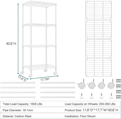 M MZG 1000 lbs 4-Shelf Adjustable Heavy Duty Steel Wire Rack, Adjustable Storage Shelving Unit with Wheel for Kitchen, Garage, Laundry White 11.8" D x 17.7" W x 40.8" H