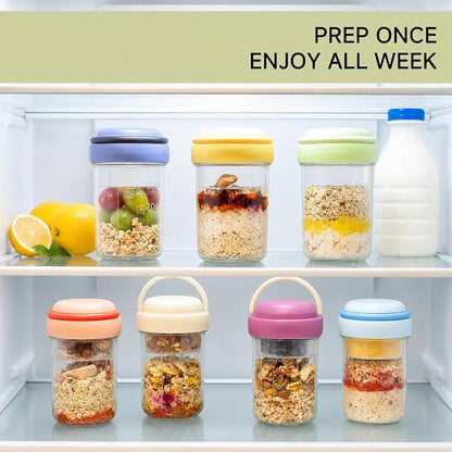 Overnight Oats Containers with Handles & Lids – 16oz Glass Mason Jars with Spoons & Fruit Compartments, Meal Prep Breakfast Jars, 2 Sets (Cream, Green)