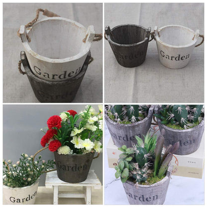 Hemoton Wooden Barrel Planter 2Pcs Set Rustic Bucket Flower Pot Decoration with Handle for Indoor Outdoor Succulent Plants