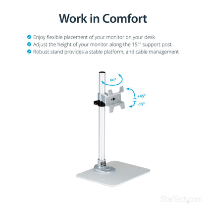 StarTech.com Single Monitor Stand, Adjustable, Supports UHD, iMac and Apple Thunderbolt Displays from 12'' to 34" (30.9lb/14kg), Premium Single Screen VESA Monitor Mount Stand, Silver, TAA