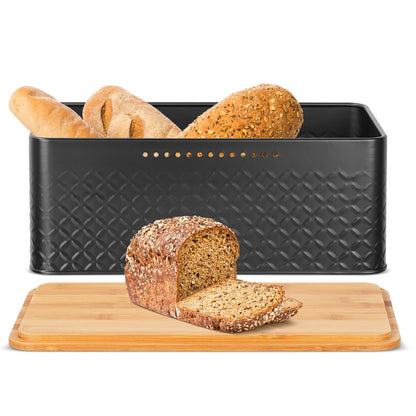 Hossejoy Metal Bread Box with Bamboo Cutting Board Lid, Bread Storage Container for Kitchen Countertop, Modern Bread Bin Holder Breadbox, Kitchen Decor Organizer (Black)