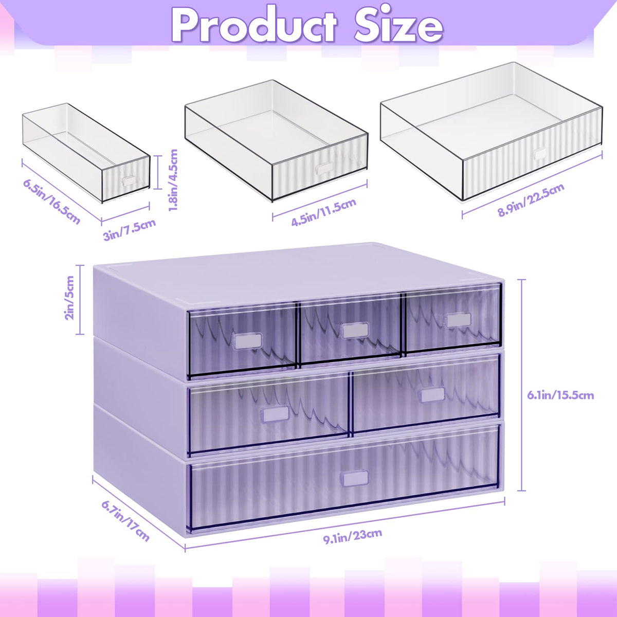 3 Tier Stackable Desk Organizer with 6 Drawers, Plastic Desktop Storage Box Drawers, Detachable Makeup Storage Office Stationery Supplies Organizer for Office School(Purple)