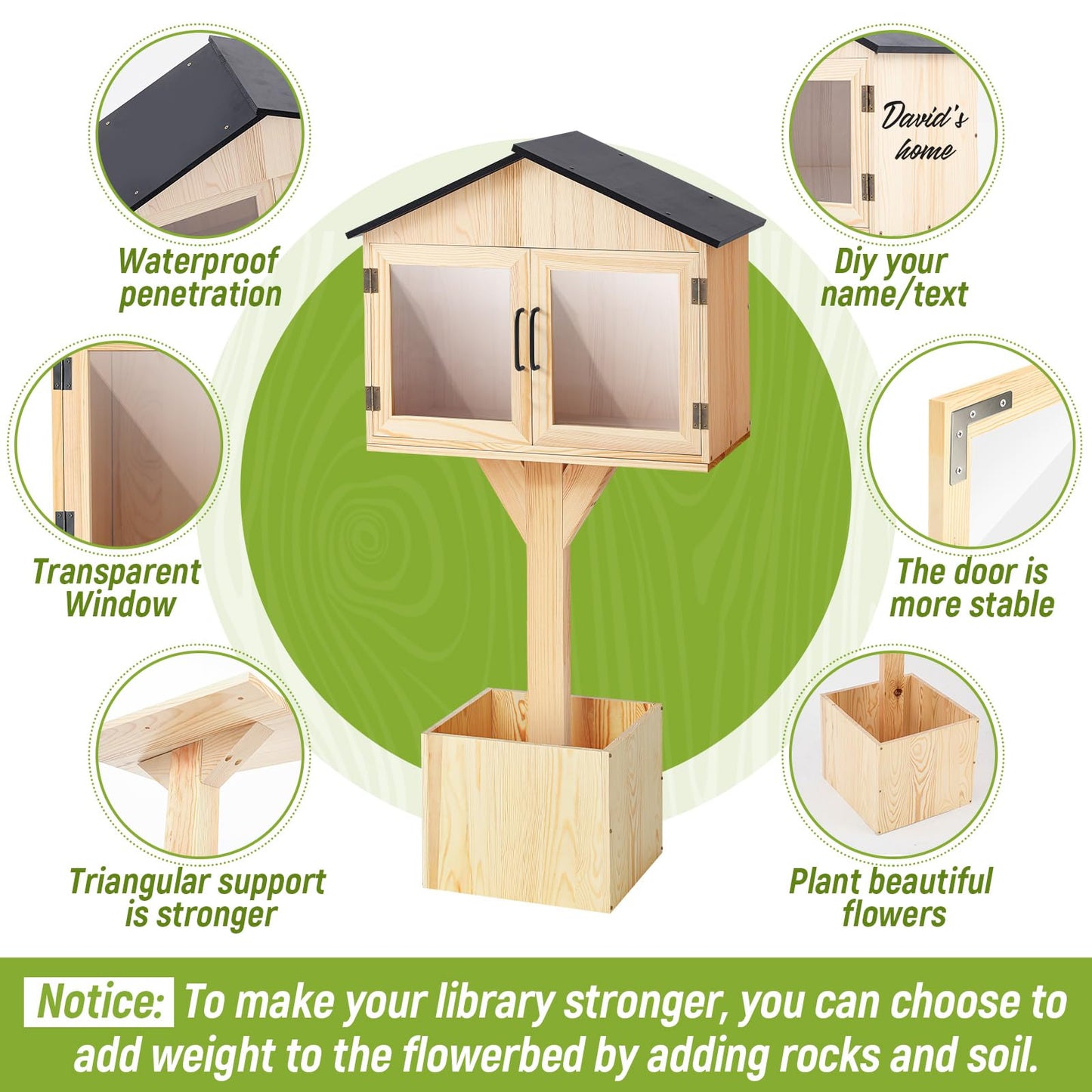 Wonderjune Little Library Box Outdoor Free Library Kit -Durable Weatherproof Solid Wood Book Exchange Box with Floor Plugs and Small Flower Fence for Neighborhoods, Community, Literature, Newspapers