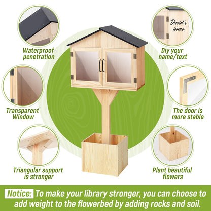Wonderjune Little Library Box Outdoor Free Library Kit -Durable Weatherproof Solid Wood Book Exchange Box with Floor Plugs and Small Flower Fence for Neighborhoods, Community, Literature, Newspapers