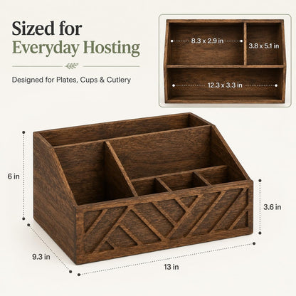 Seerova Living Premium 6 Compartment Wooden Paper Plate and Utensil Organizer – Heavy Duty Silverware & Napkin Caddy for Party, Picnic, BBQ, Kitchen Countertop, Vanity Makeup Storage