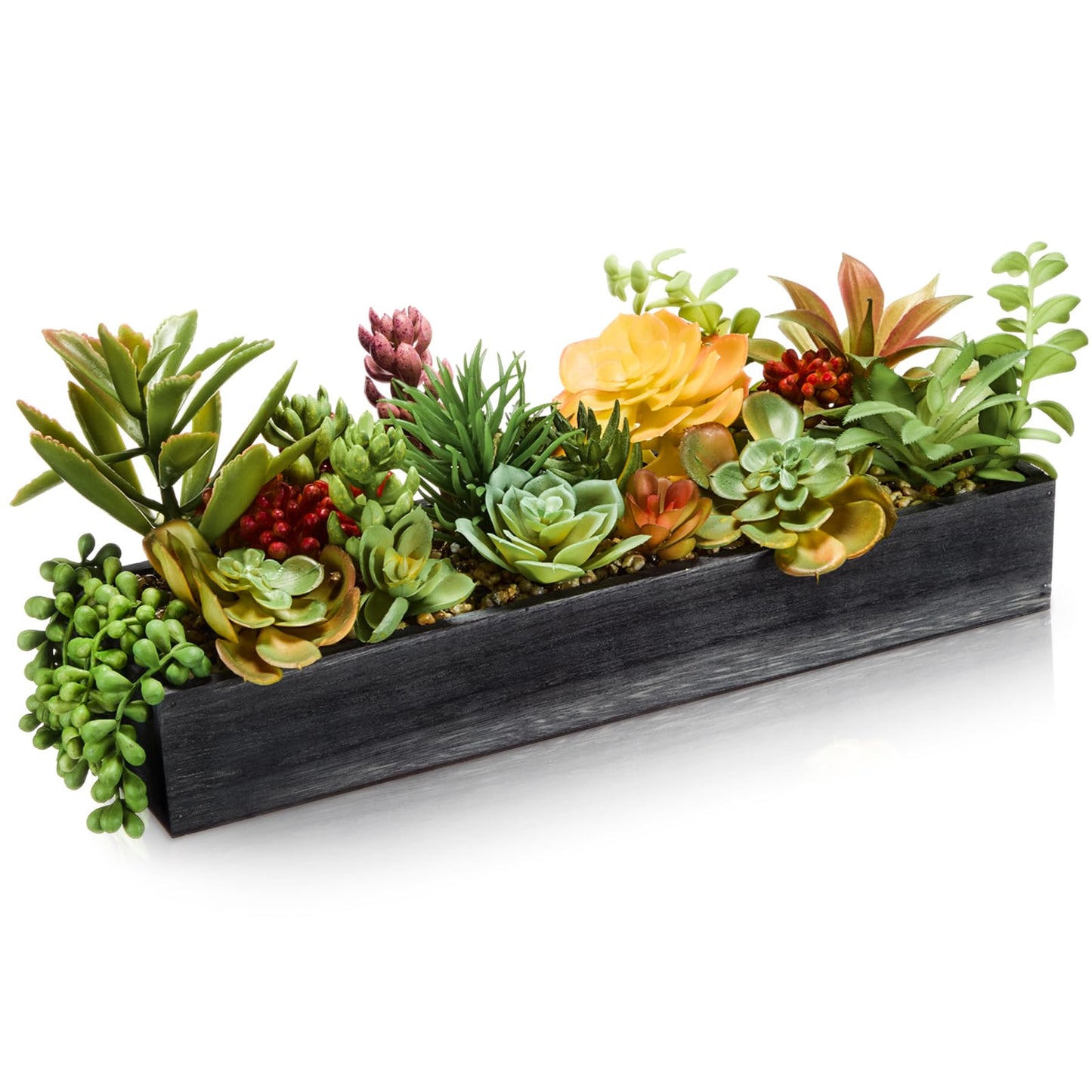 Canlierr Artificial Succulent Arrangement 16 Inch Faux Succulents Plants in Black Rectangular Wooden Pot Faux Potted Plants for Table Centerpiece Window Sill Greenery Decor