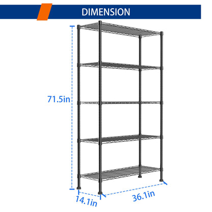 REGILLER 5-Wire Shelving Metal Storage Rack Adjustable Shelves,Standing Storage Shelf Units for Laundry Bathroom Kitchen Pantry Closet(Black,11.8" D x 16.6" W x 53.5" H)