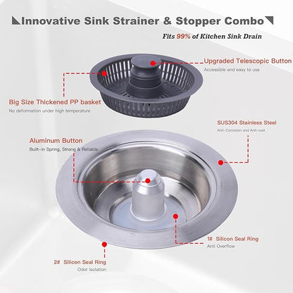 Kitchen Sink Drain Strainer 3 in 1, 304 Stainless Steel Pop Up Sink Stopper