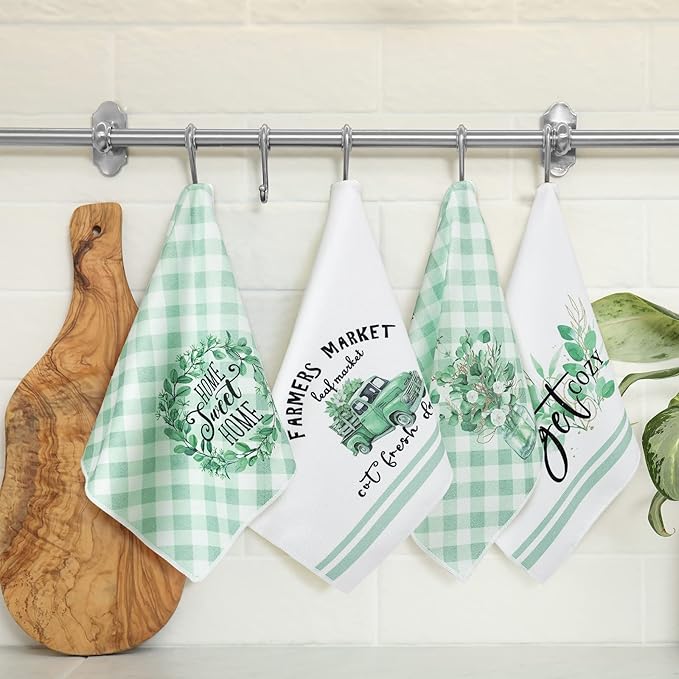 Set of 6 Eucalyptus Kitchen Towels Green Leaves Dishtowels Absorbent Spring