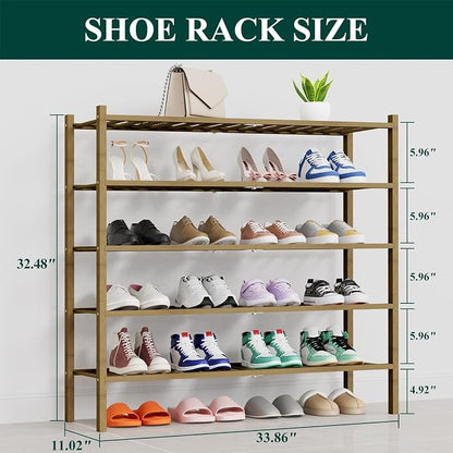Smiry Long Bamboo Shoe Rack, 5 Tier Free Standing Wooden Shoe Organizer, Stackable Wood Shoe Storage Shelf for Closet, Entryway, 14 Vertical Slats, 2+2+1 Stack Thicker Legs, 33.7"x11"x32.5", Walnut
