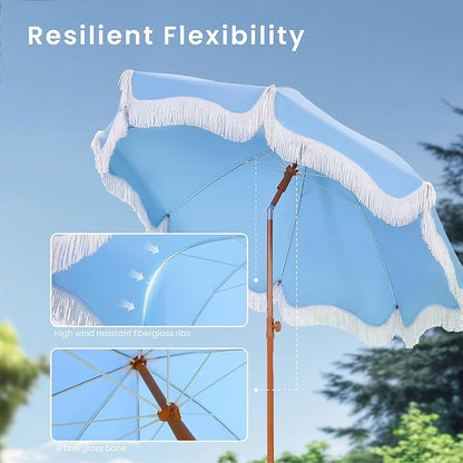 PHI VILLA 7ft Beach Umbrella with Fringe & Sand Anchor, Outdoor Patio Heavy Duty Windproof Portable Tassel Umbrellas for Sand with Push Button Tilt & Carrying Bag, UPF 50+, Light Blue (No Base)