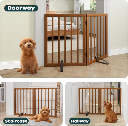 Semiocthome Dog Gate Indoor 2-Panel Freestanding Puppy Gates for The House with 2 Metal Stands 24" H Folding Wood Pet Gate for Stairs Doorway, Fully Assembled Safety Fence - Walnut