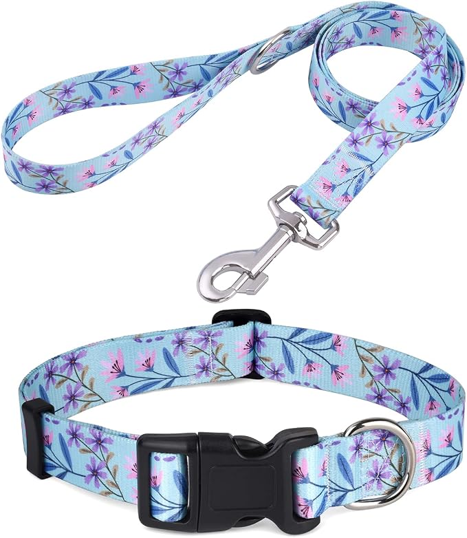 Mihqy Dog Collar and Leash Set with Bohemia Floral Tribal Geometric Patterns - Soft Ethnic Style Collar Adjustable for Small Medium Large Dogs(Pink + Purple Floral Set,S)