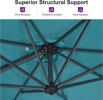 PURPLE LEAF 10 Feet Patio Umbrella with Base and Cover Round Outdoor Cantilever Umbrella Aluminum Offset Umbrella with 360-degree Rotation for Garden Deck Pool Patio Turquoise Blue