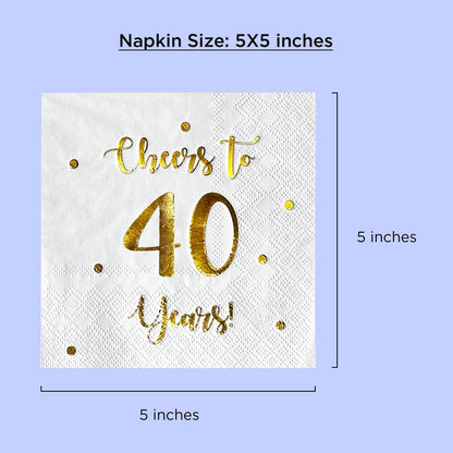 Cheers to 40 Years Cocktail Napkins | Happy 40th Birthday Decorations for Men and Women and Wedding Anniversary Party Decorations | 50-Pack 3-Ply Napkins | 5 x 5 inch folded (White)