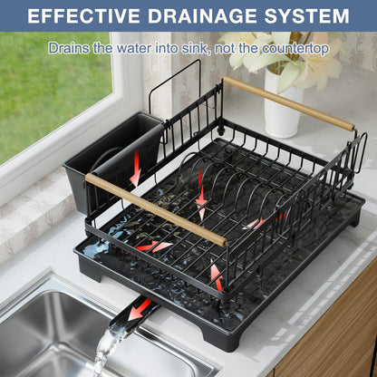 Dish Rack Lightweight & Space-Saving Drying Rack with Drainboard Large Capacity Anti-Rust Kitchen Counter Organizer with Cup, Utensil & Cutting Board Holders for Dishes, Bowels, Spoons and Forks