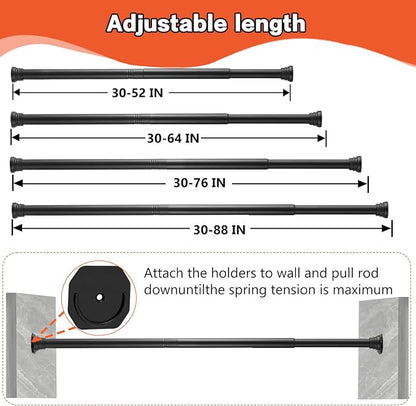 Closet Rods for Hanging Clothes, Matte Black Closet Rod 30-76 Inch Adjustable Clothes Hanging Bar Shower Curtain Rods for Closet, Wardrobes, Bathroom, Windows, with No Drilling Holder