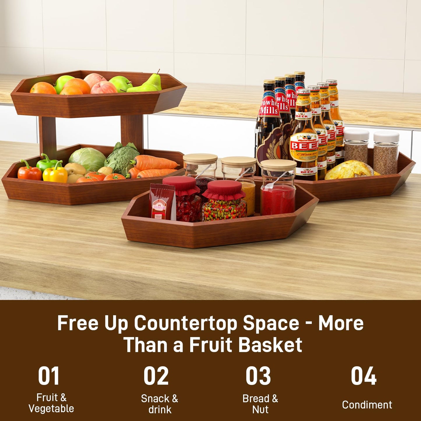 Tequie Wooden Fruit Basket for Kitchen Counter 2 Tier, Large Capacity Fruit Bowl for Corner, Space-Saving Fruit Stand Holder for Bread Fruit and Vegetable Storage Kitchen Countertop Organizer