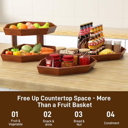 Tequie Wooden Fruit Basket for Kitchen Counter 2 Tier, Large Capacity Fruit Bowl for Corner, Space-Saving Fruit Stand Holder for Bread Fruit and Vegetable Storage Kitchen Countertop Organizer