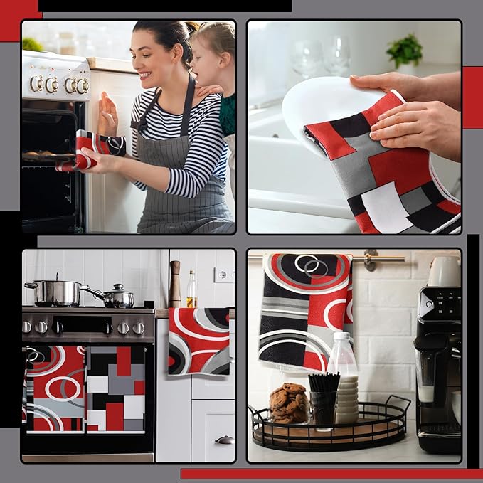 Boyiee Set of 6 Red Black Grey White Kitchen Towels Modern Geometric Dish Hand