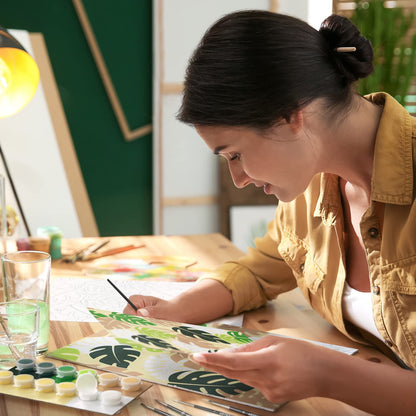 ARTEZA Paint by Numbers Kit, 12x16 Inches, 21 Pieces, Monstera Canvas Painting Kit, Canvas Panel, 12 Acrylic Paint Pots, 5 Paintbrushes, Art Supplies for a Meditative and Calming