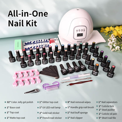 JODSONE Gel Nail Polish Kit with U V Light 32 Colors Gel Polish Nail + 4 Functional Adhesive Bottles Kit Soak Off Manicure Tools Gifts for Women