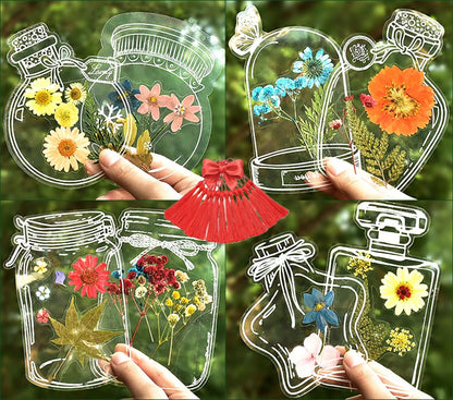LiveOnce 60pcs DIY Dried Flower Bookmarks - Transparent PET Bookmark Kits with Tassels, Clear Sticky Sheets for Pressed Flowers, Leaves, Nature Craft, Gifts (10.5x7.5cm)