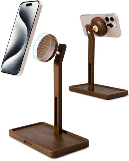 YEOUX Premium Magnetic Phone Holder for Desk | Solid Walnut Wood | 360° Free Adjustable | MagSafe Compatible, for iPhone 17 16 15 14, Stylish Desk Accessory