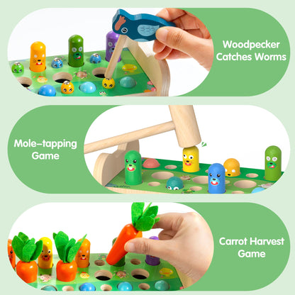 Amtreen 6-IN-1 Wooden Montessori Toys for 1 Year Old, Mole-Tapping Game | Play the Xylophone | Frog Clock | Carrot Harvest Game | Spinning Gear, Toddler Toys Aged 1-3, Baby Toy Gift for Early Learning