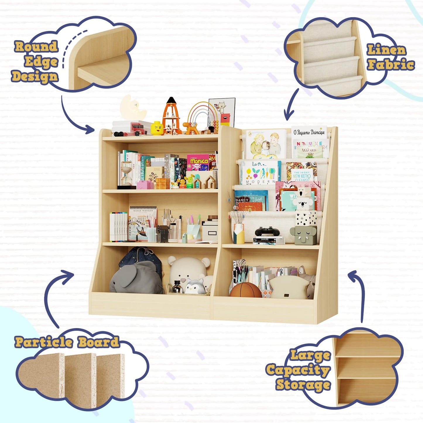 IKALIFE 39" Large Kids Wooden Bookshelf and Toy Storage Organizer, Baby Bookcase with Sling Book Rack, Children Toddler Wooden Book Shelf for kids rooms, Playroom, Classroom, Nursery, School (Natural)