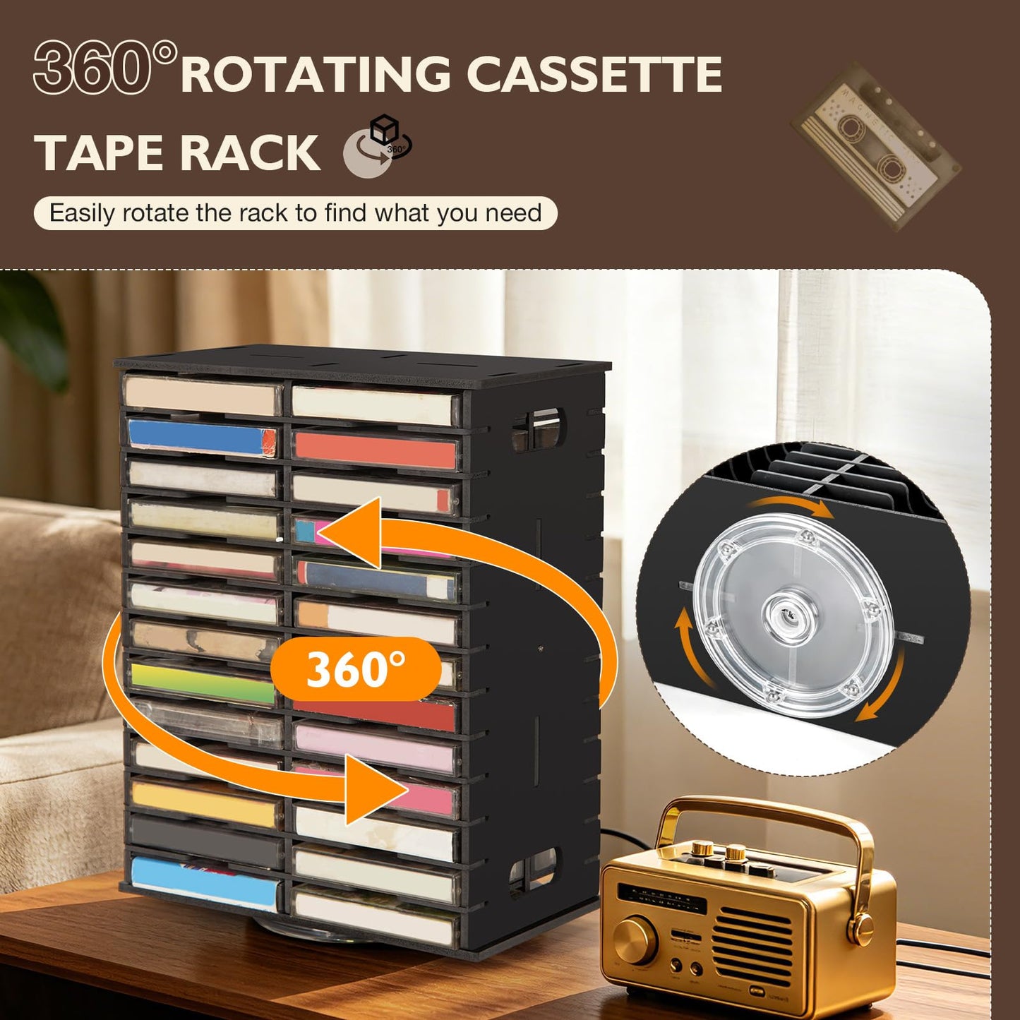 Arkiya Rotating Cassette Tape Storage Holder, 52 Slot Cassettes Organizer Rack, Audio Cassette Tape Display Shelf, Ideal Gift for Cassettes Collectors, Black