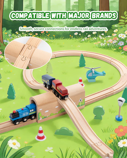 Wooden Train Track Bridge & Tunnel Set, Railway Expansion Kit with Ascending & Descending Ramp Tracks, Compatible with Major Wooden Train Systems, for Kids Creative Play and Learning