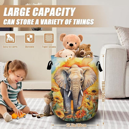 Watercolor Elephant Sunflower Laundry Basket, Foldable Wild Animals Laundry