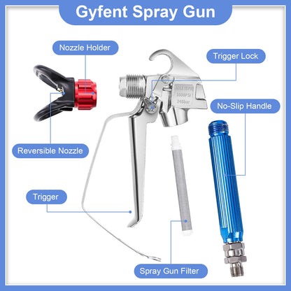 Gyfent 22Pcs Airless Paint Sprayer Gun Kit, 3600PSI Spray Gun with 50Ft x 1/4“ NPT Airless Paint Sprayer Hose & 6Pcs Reversible Spray Tips & Guide Tool & 4Pcs Extension Wand & 6Pcs Filters
