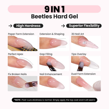Beetles Hema Free Hard Gel for Nails,2.12 oz 9 in 1 Hard Gel for Nail Extension & Strengthening Broken Nail Repair with Flat Brush 100 Pcs Nail Forms UV LED Lamp Cured Salon Nail Technicians Women