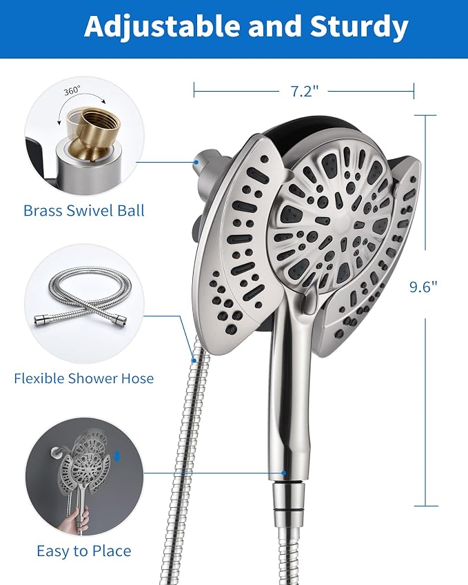 INAVAMZ Shower Head with Handheld High Pressure: Hand Held Shower Head & Rain Shower Head 2-IN-1 Shower Head with 59" Rotatable Stainless Steel Hose, Shower Trim Systems, Nickel 2.5 GPM 23233