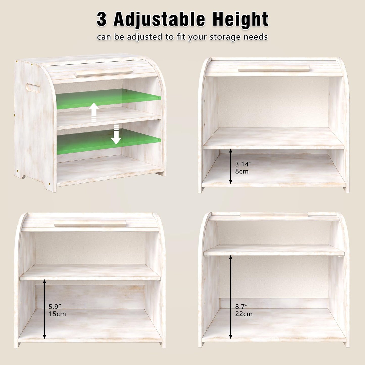 Trironsun Bamboo Roll Top Bread Box for Kitchen Countertop Large Capacity Bread Storage Bin 2 Layer Wooden Bread Storage Organizer Natural Breadbox for Food Storage (Antique White)