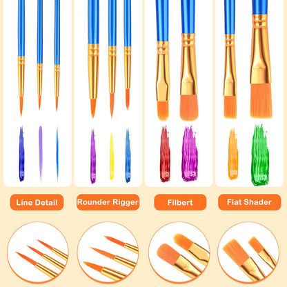 ESRICH Acrylic Paint Brushes Set, 10 Packs/ 100 Pcs Watercolor Brushes,Nylon Brush Head, for Oil Painting, Gouache, Face,Ceramics etc, Kid's and Adults Painting Arts and Crafts Paint Sets.