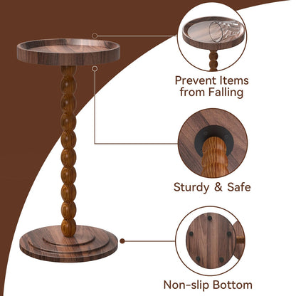 XNSDXV Round Side Table with Solid Wood Leg, Small Drink Table for Small Spaces, Martini Table with Raised Edge, Pedestal Side Table for Living Room, Bedroom,Sofa and Couch (Walnut Brown)