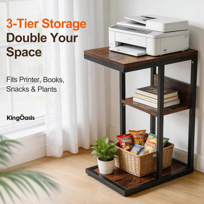 King Oasis 3-Tier Brown Metal Side Table - Industrial End Table & Nightstand with Adjustable Feet, 80LB Sturdy Small Bedside Table Storage Shelf for Living Room, Bedroom, and Small Spaces