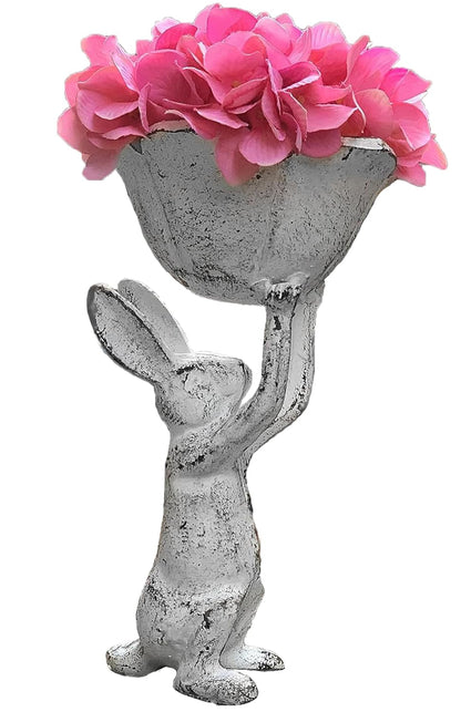 Antique White Cast Iron Rabbit with Flower Bird Feeder - 6 Inch Plant Pot or Feeder - (Cute Planter for Garden Decor for Outside)