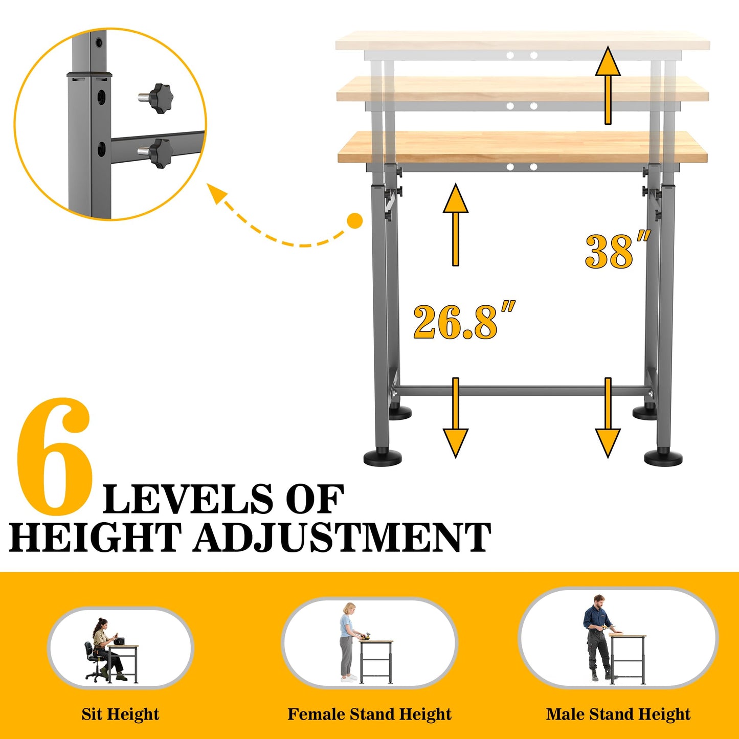 Ultrawall Workbench for Garage, 32"x18" Adjustable Height Work Table, Heavy Duty Rubber Wood Workstation for Workshop, Office, Home