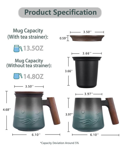 ZENS Embossed Ceramic Tea Mug with Infuser and Lid, 14.5 oz Wooden Handle, Loose Leaf Tea Steeper Cup & Strainer for Tea Lovers Gifts